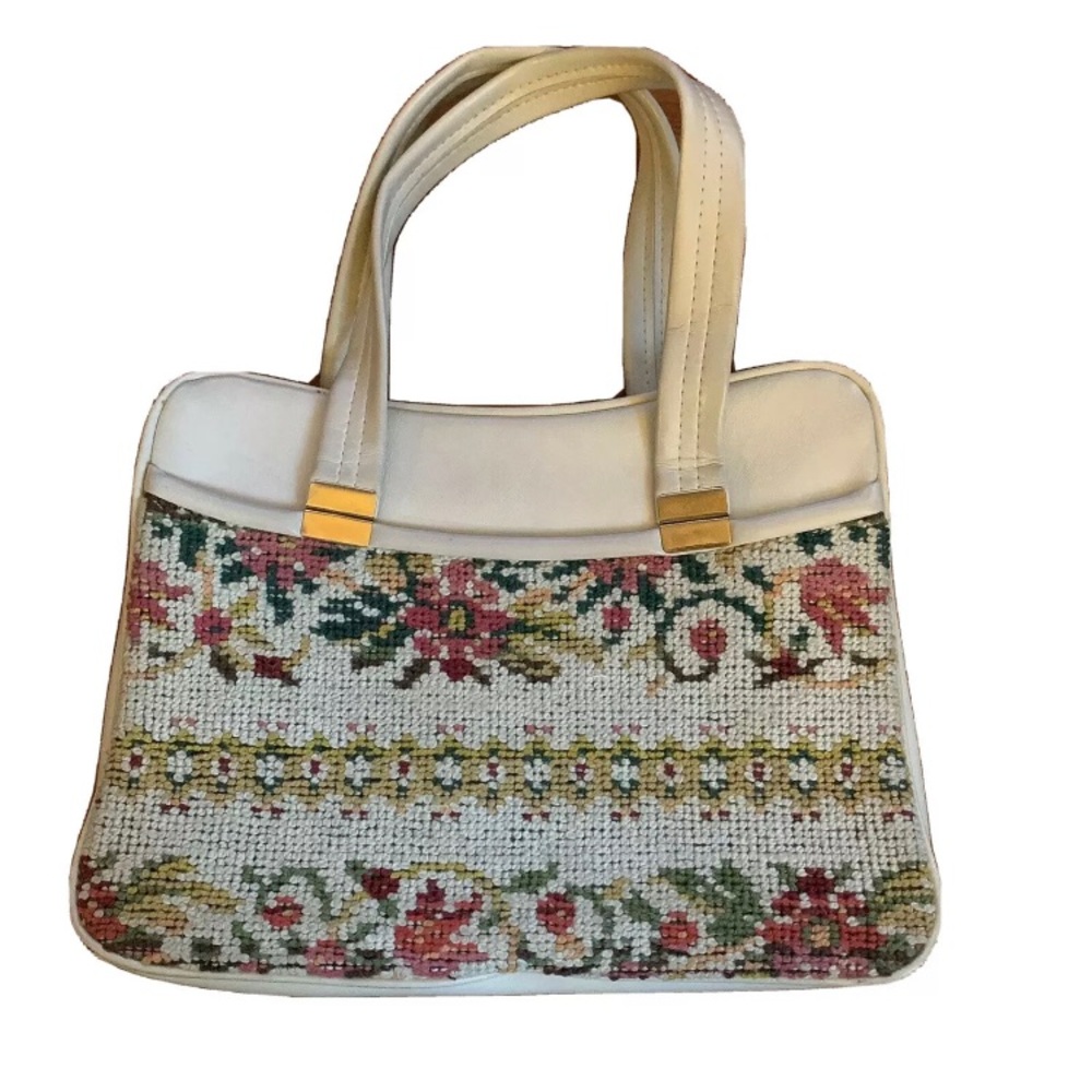 Vintage 1960s Carpet Bag Needlepoint Floral Handbag